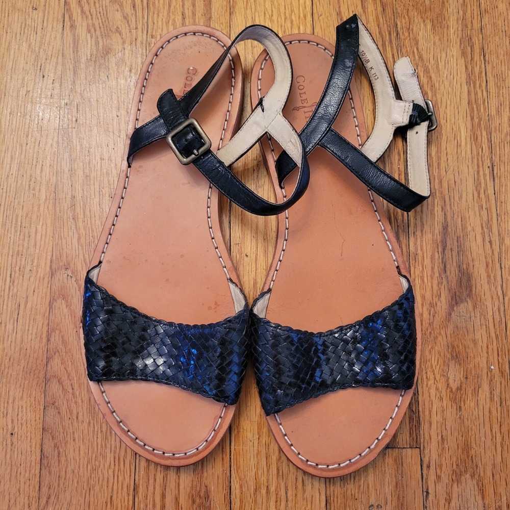 Cole Haan Black Woven‎ Leather Slingback Flat Sandals 10.5B Summer Cruise